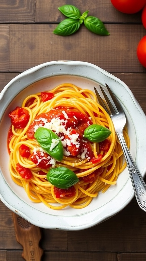 A bowl of tomato basil pasta with fresh tomatoes and basil, garnished with Parmesan cheese.